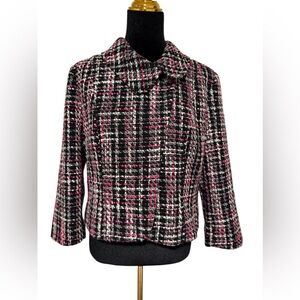 ANN TAYLOR LOFT Tweed hot pink black retro bow cropped jacket size 14 EUC